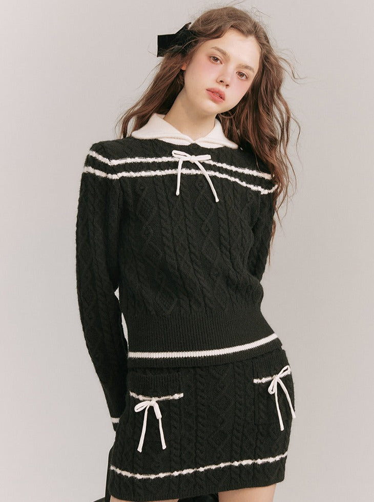 Monochrome ribbon sweater skirt setup