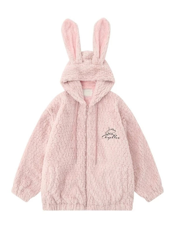 Soft lamb velvet cotton coat with rabbit ears hood