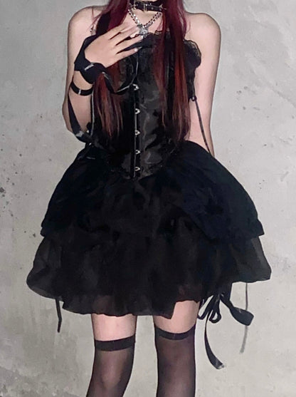 Cool Spicy Black Lace Up Viste + Tulle Skirt