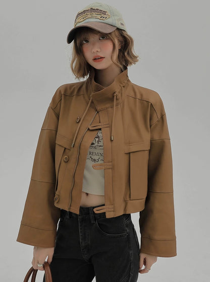 American Retro Brown Stand Collar Short Leather Jacket