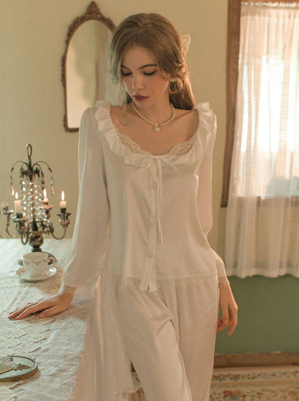 スクエアネックレースフリルサテンルームウェア