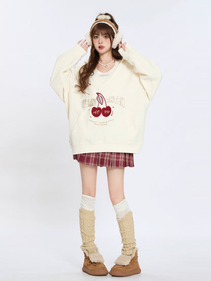 Retro Cherry Embroidery Leaf Hooded Sweatshirt Loose Two Piece