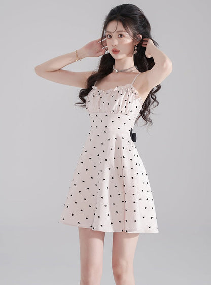 Heart Dot Jacquard Design Back Ribbon One Piece