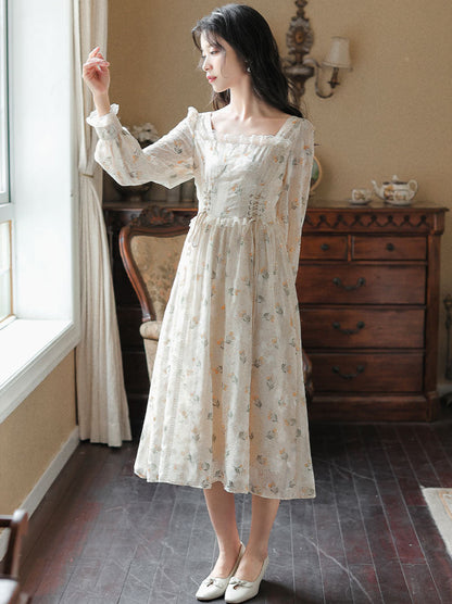 French flower square neck lace-up dress