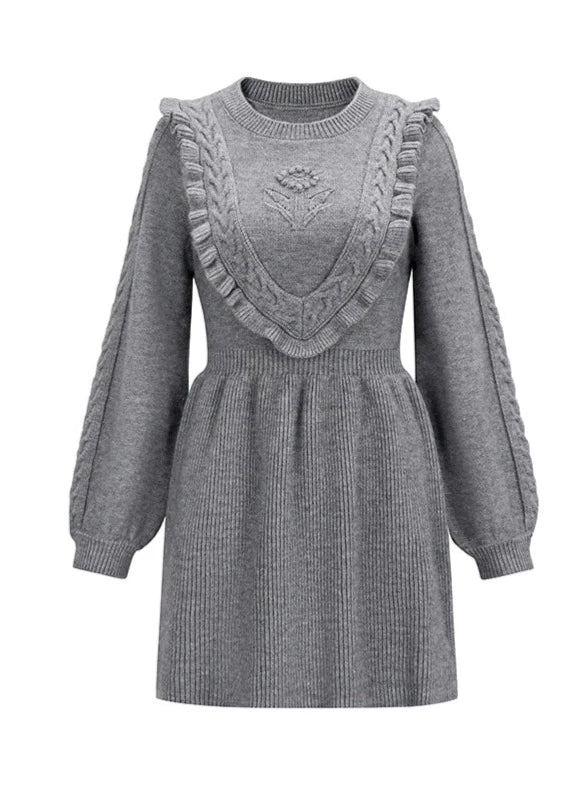 Lantern Sleeve Ruffle Flower Knit Dress