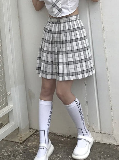 high waist check college skirt