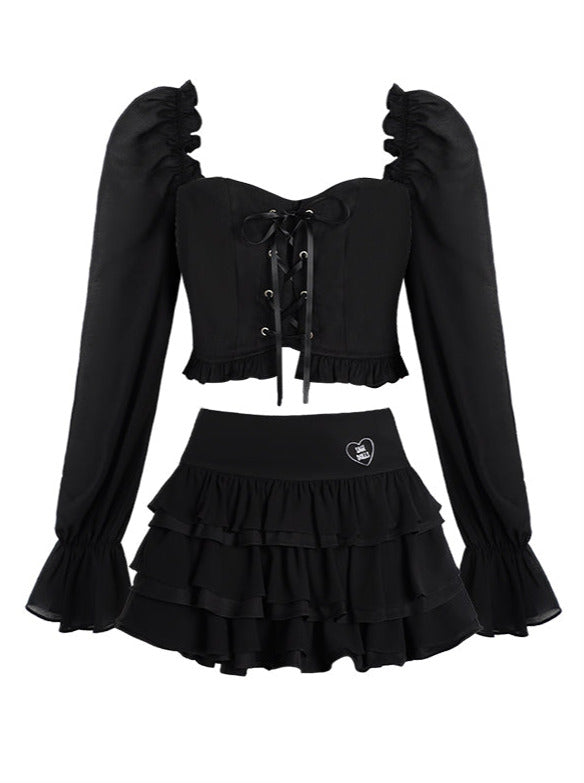 Lace-up volume sleeve short top + tiered skirt
