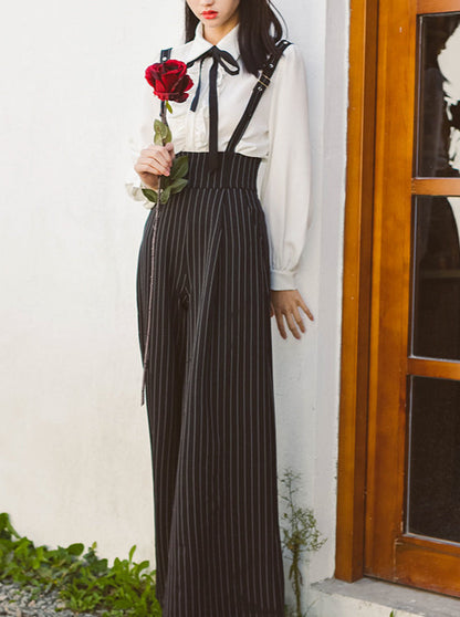 French Retro Suspender Tuck Wide Pants 