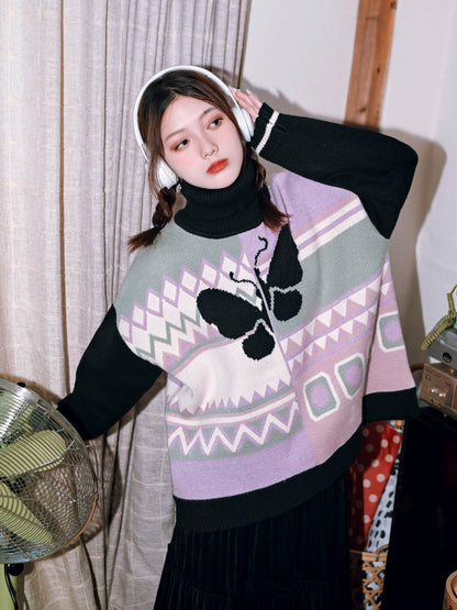 Morpho Turtleneck Retro Loose Contrast Jacquard Pullover Sweater