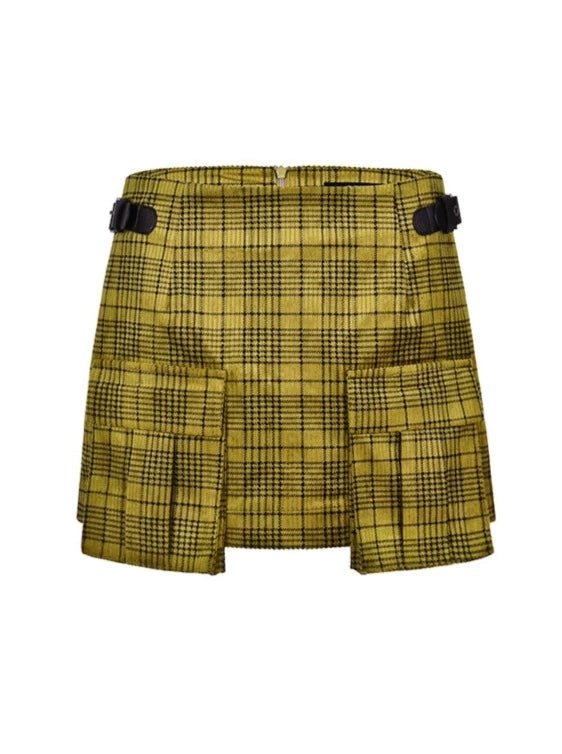 Retro Leather Button Check Pocket Design Skirt
