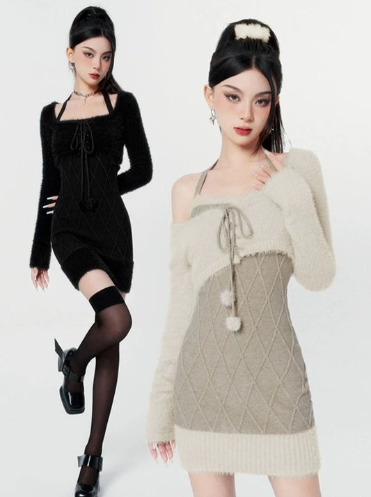 Snow Short Fur Top + Tight Knit Dress