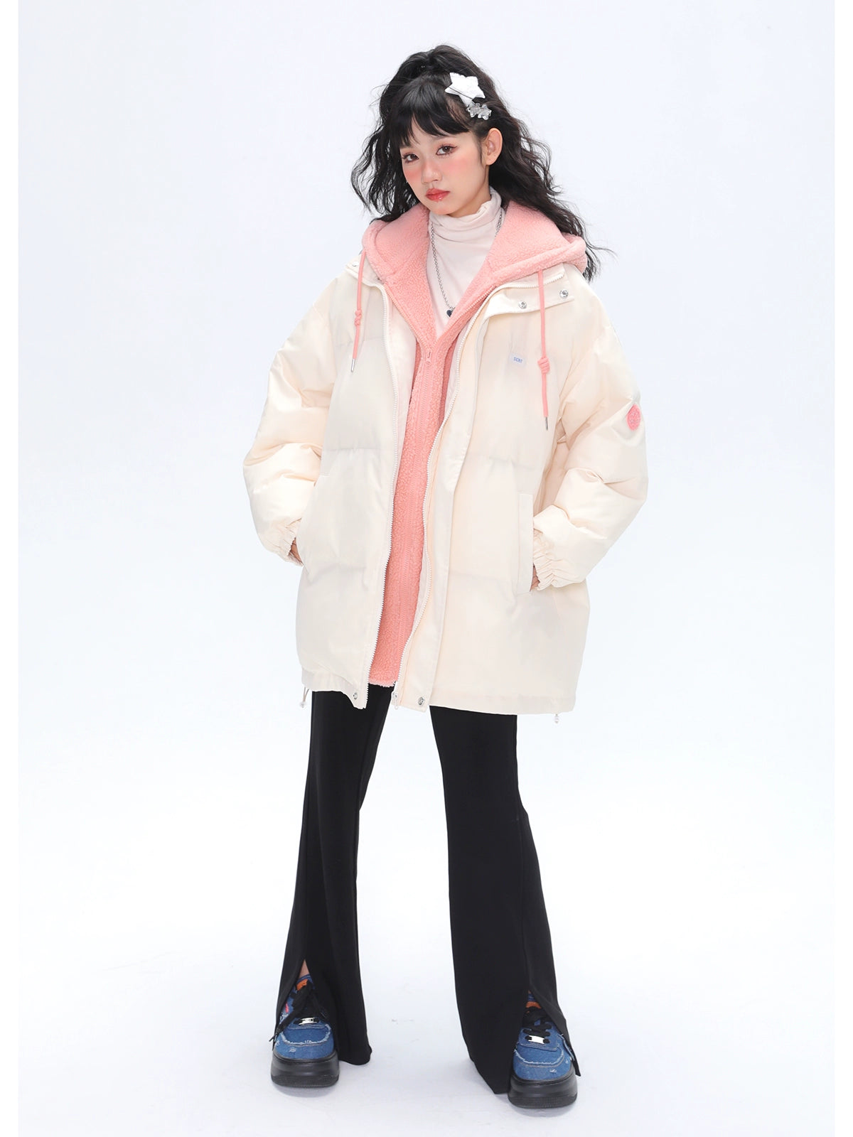 Faux Two Piece Hoodie Cotton Padded Loose Coat