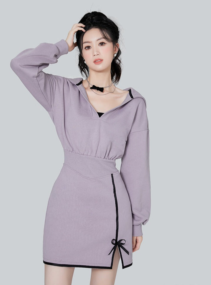 Purple food V neck casual dress