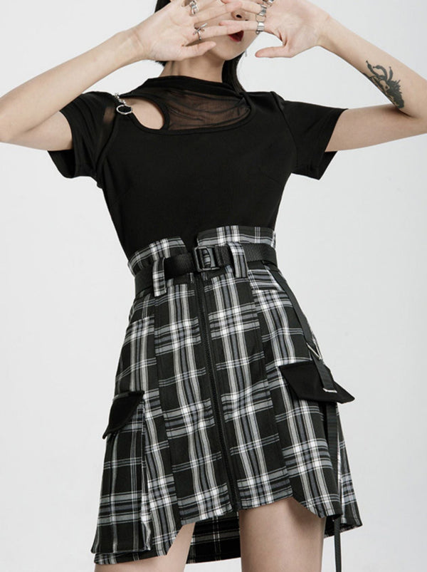 High Waist Buckle Belt Military Mode Zip Skirt [Gray/Black/Check]