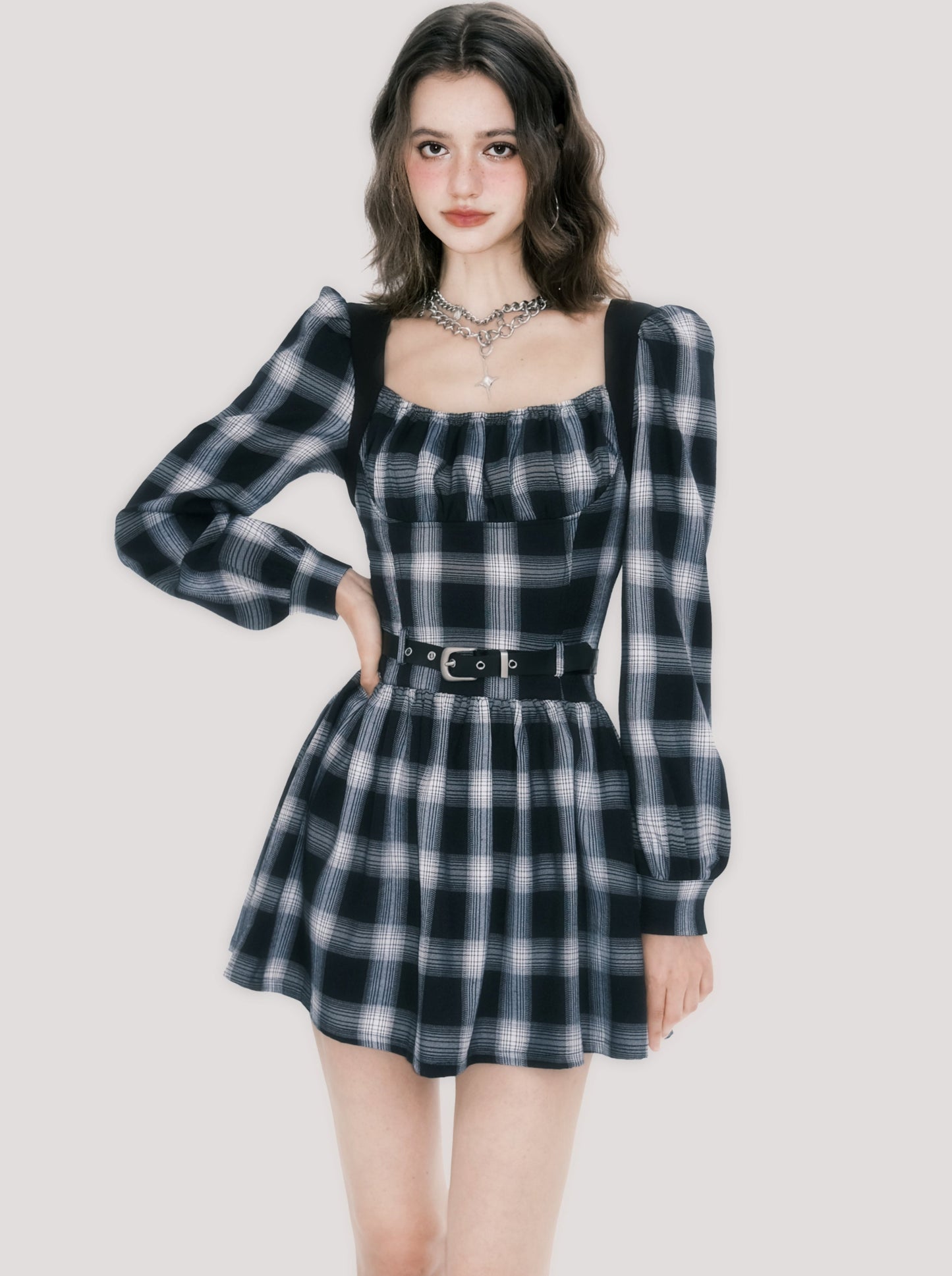 Romantic monochrome check dress