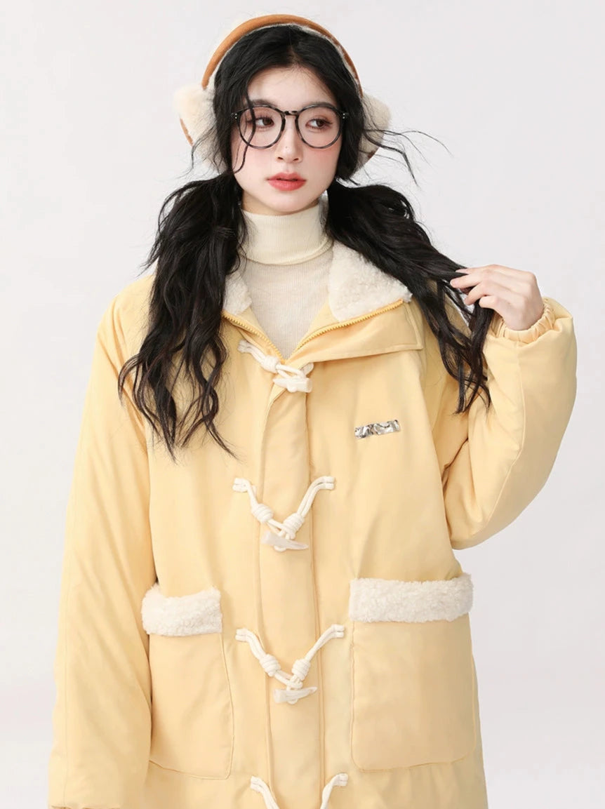 Horn Button Lamb Wool Splicing Hooded Cotton Coat