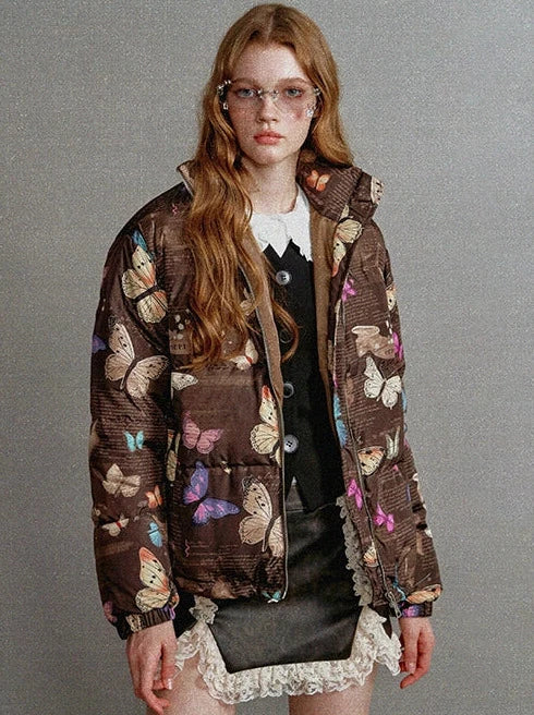 Butterfly Print Short White Duck Down Jacket