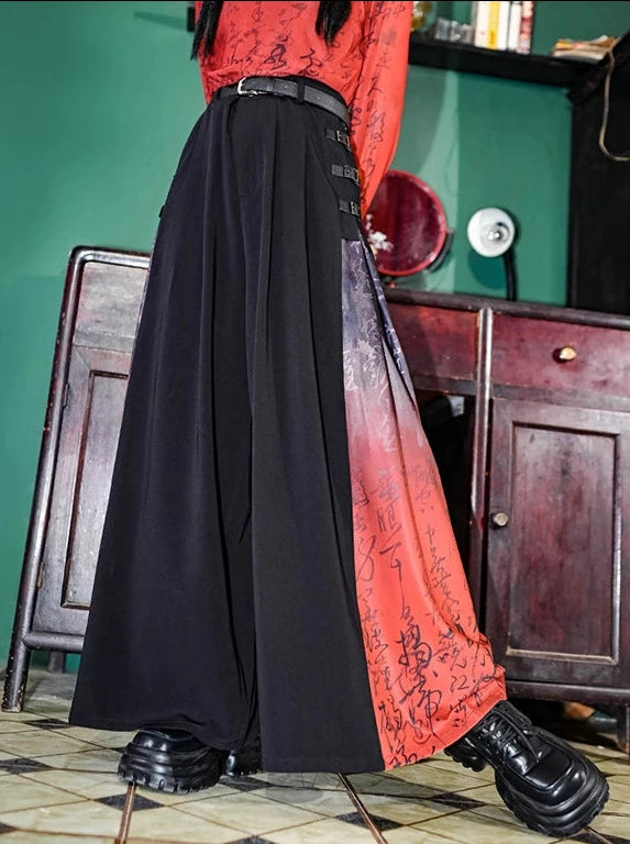 Heart Sutra China Taste Leather Buckle Wide Draped Pants