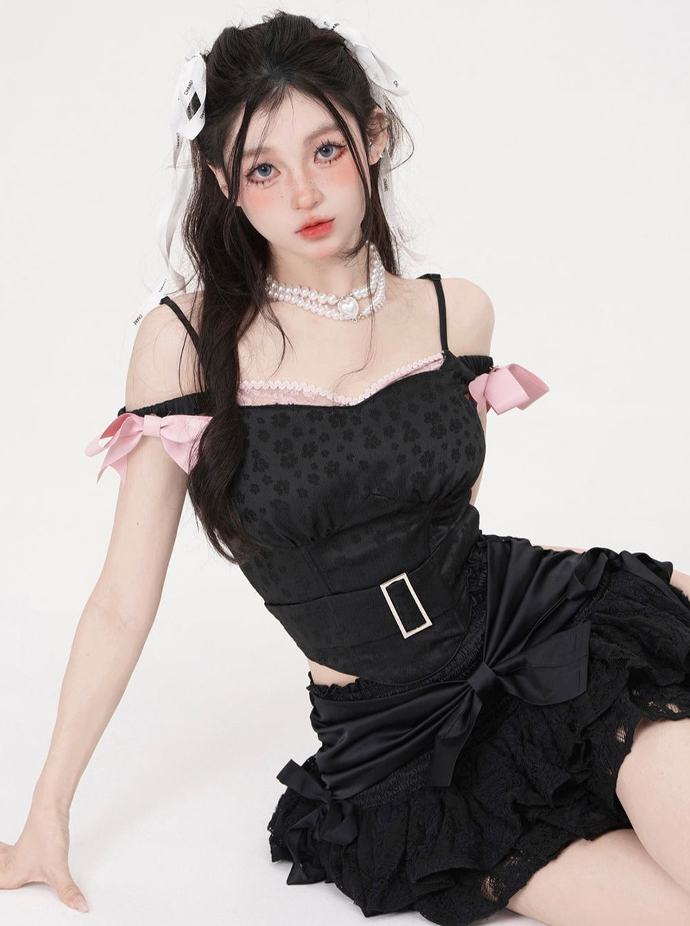 Girly One Shoulder Jaccard Black Suspender Tops