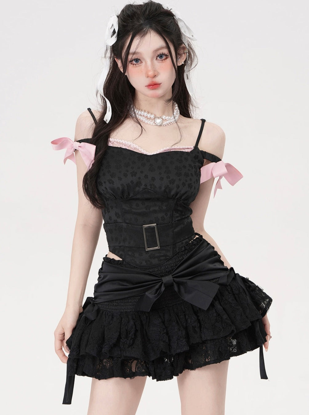 Girly One Shoulder Jaccard Black Suspender Tops