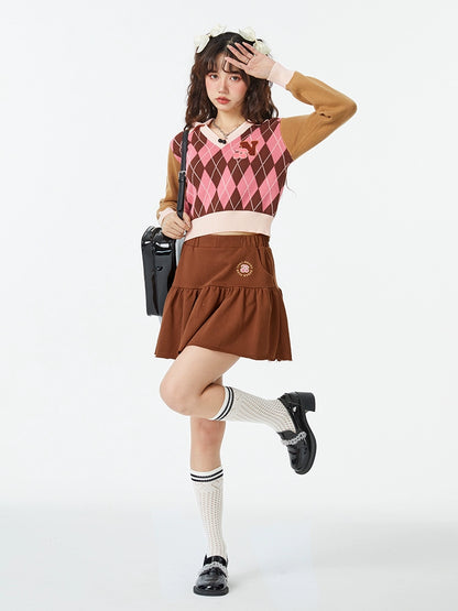 Retro College Style Cherry Pleated Skirt