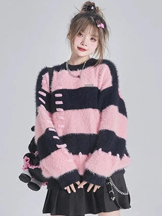 レイジールーズストライプカラーブロックプルオーバーウールセーター