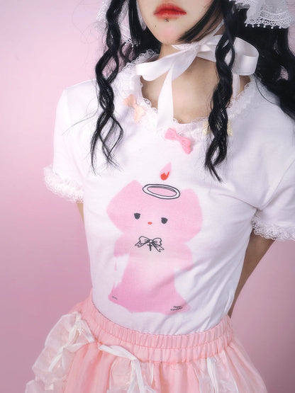 Candle Cat Angel Frill Lace T -shirt