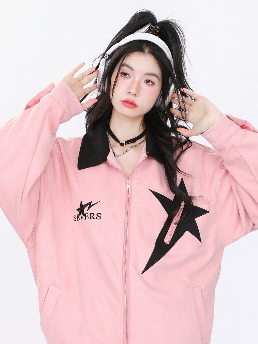 Trendy suede star patch loose jacket