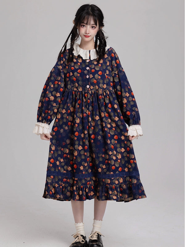 Lace Collar Lantern Sleeveless Retro Flower Dress