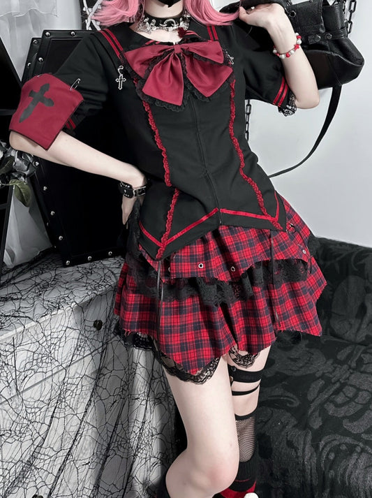 Subculture Black Red Sailor Colour Cross Ribbon Top + Cake Skirt Set-up