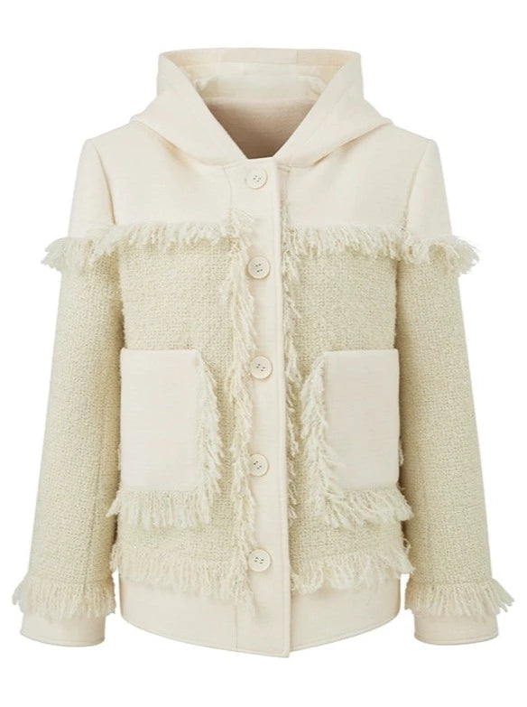 Fringe Straight Loose Hooded Wool Jacket