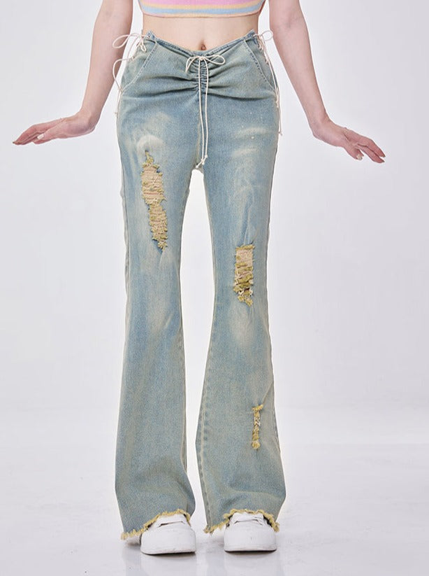 Flare damage denim pants