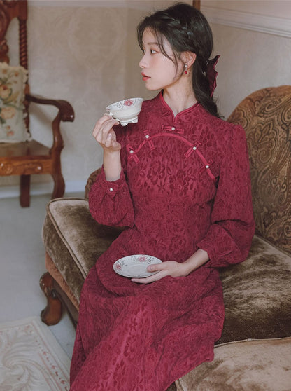 wine red cheongsam dress