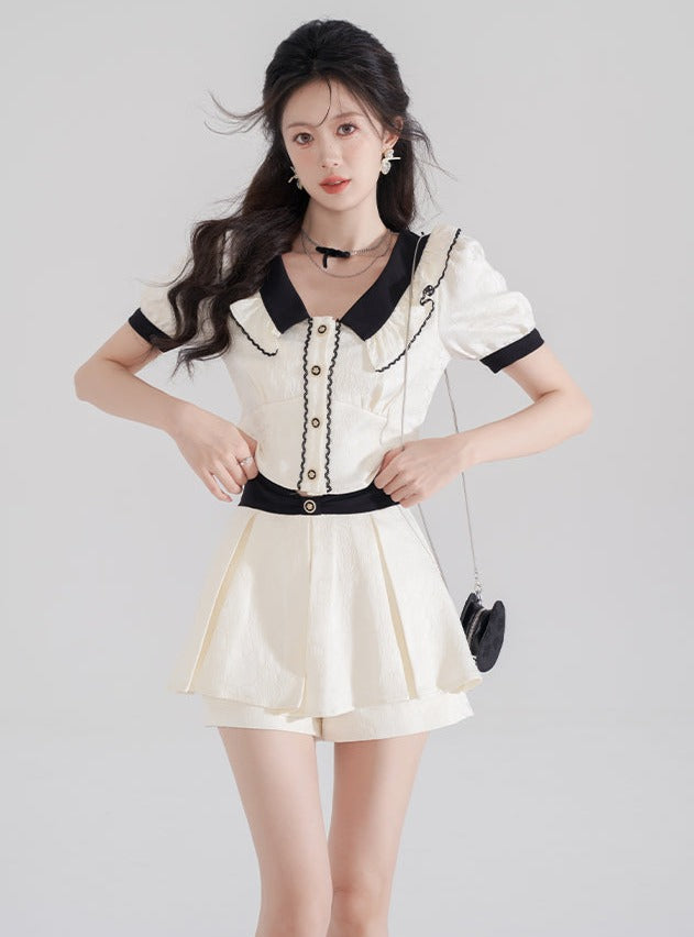 High -end doll color shirt apricot high waist setup