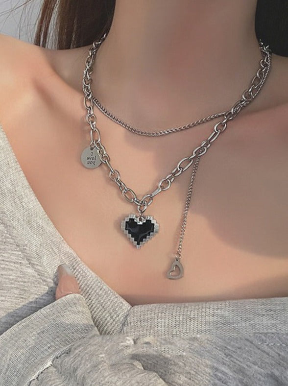Mosaic Heart Double Chain Motif Necklace