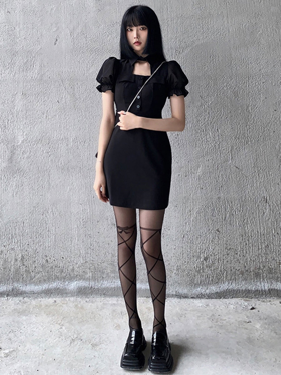 Dark Style French Square Collar Puff Sleeve Dress