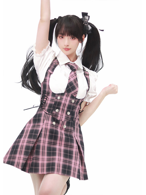 Black Pink Uniform Coordinating Shirt &amp; Check Tie Lace-up Pleated Sass Skirt Setup [Box Pleats/Plain Pleats]
