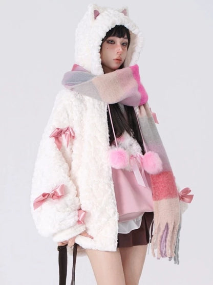 Ribbon Fur Girly Hooded Outerwear