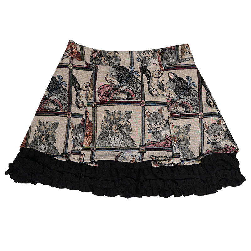 Retro Cat Jacquard frill stitch lace A line skirt