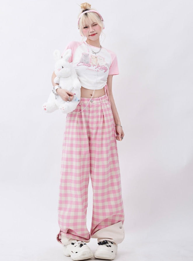 Pink check loose straight pants