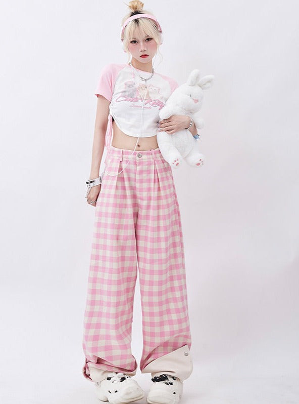 Pink check loose straight pants