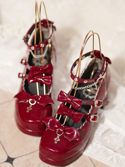 Patent Leather Double Ribbon Lolita Shoes