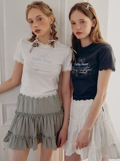 Lace stitch ballet print T -shirt