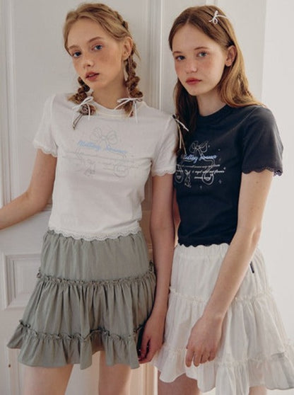 Lace stitch ballet print T -shirt