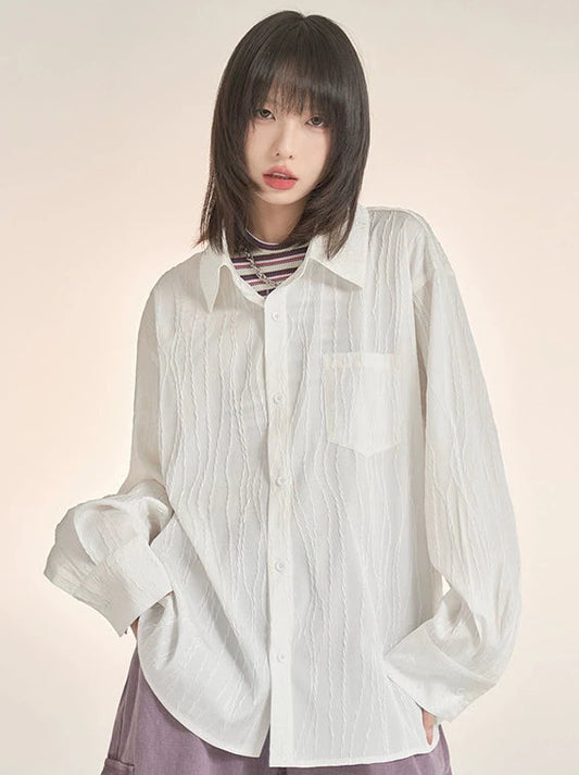Textured solid long sleeve loose shirt