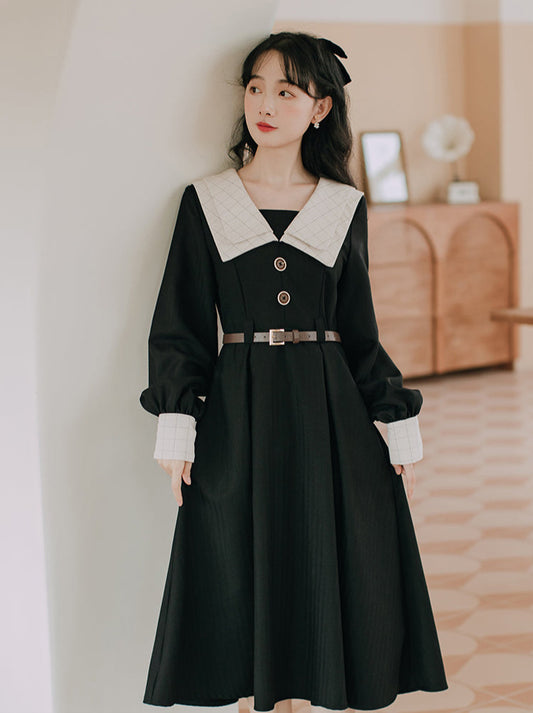 Box sailor collar French classical belt dress