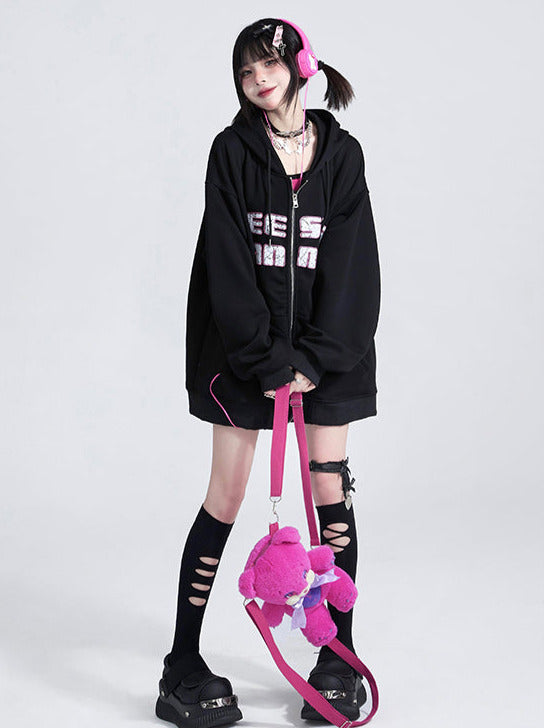 Black Letter Print Oversized Hoodie Jacket