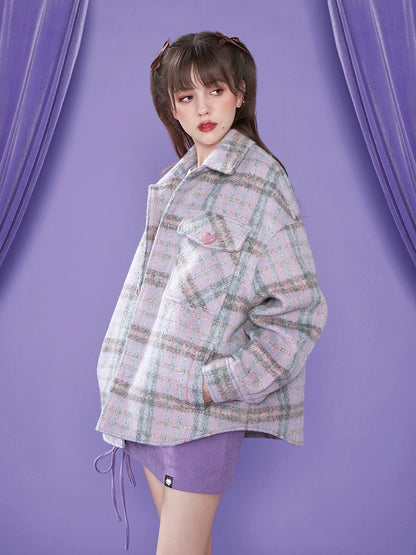 Purple Check Shirt Style Loose Coat