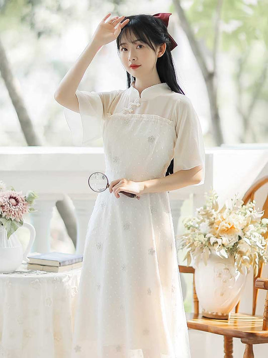 Sheer Sleeve Embroidered Chiffon Cheongsam Dress