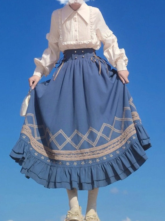 Pointed Collar Frilled Blouse + Lace-up Frilled Skirt